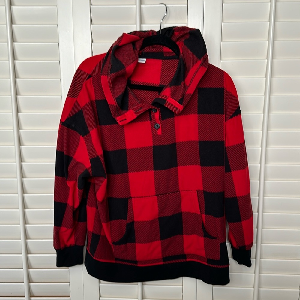 Old Navy red and black sweatshirt with button front and hoodie.